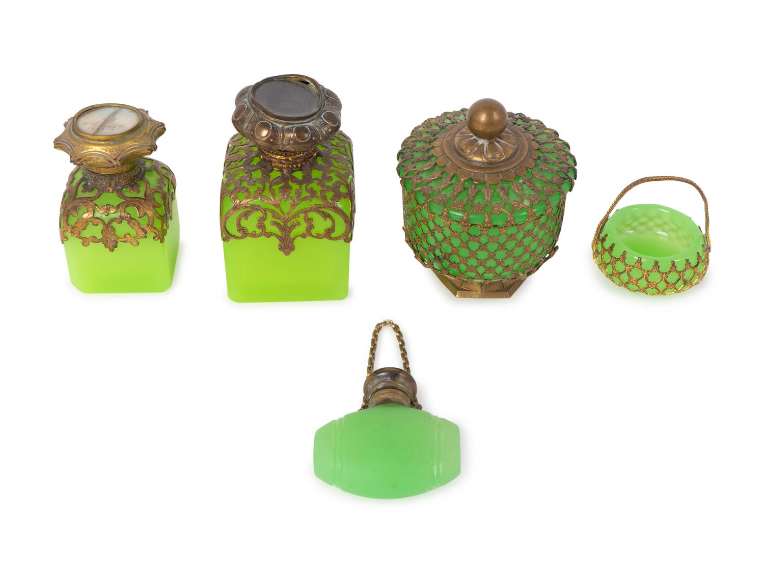 A Group of Gilt Bronze Mounted Green Opaline Glass Articles. — 19TH CENTURY