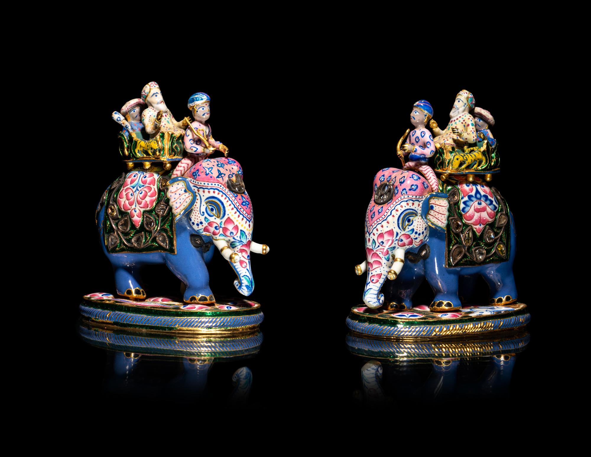 A Pair of North Indian Enamel, Gold and Diamond-Mounted Figural Groups