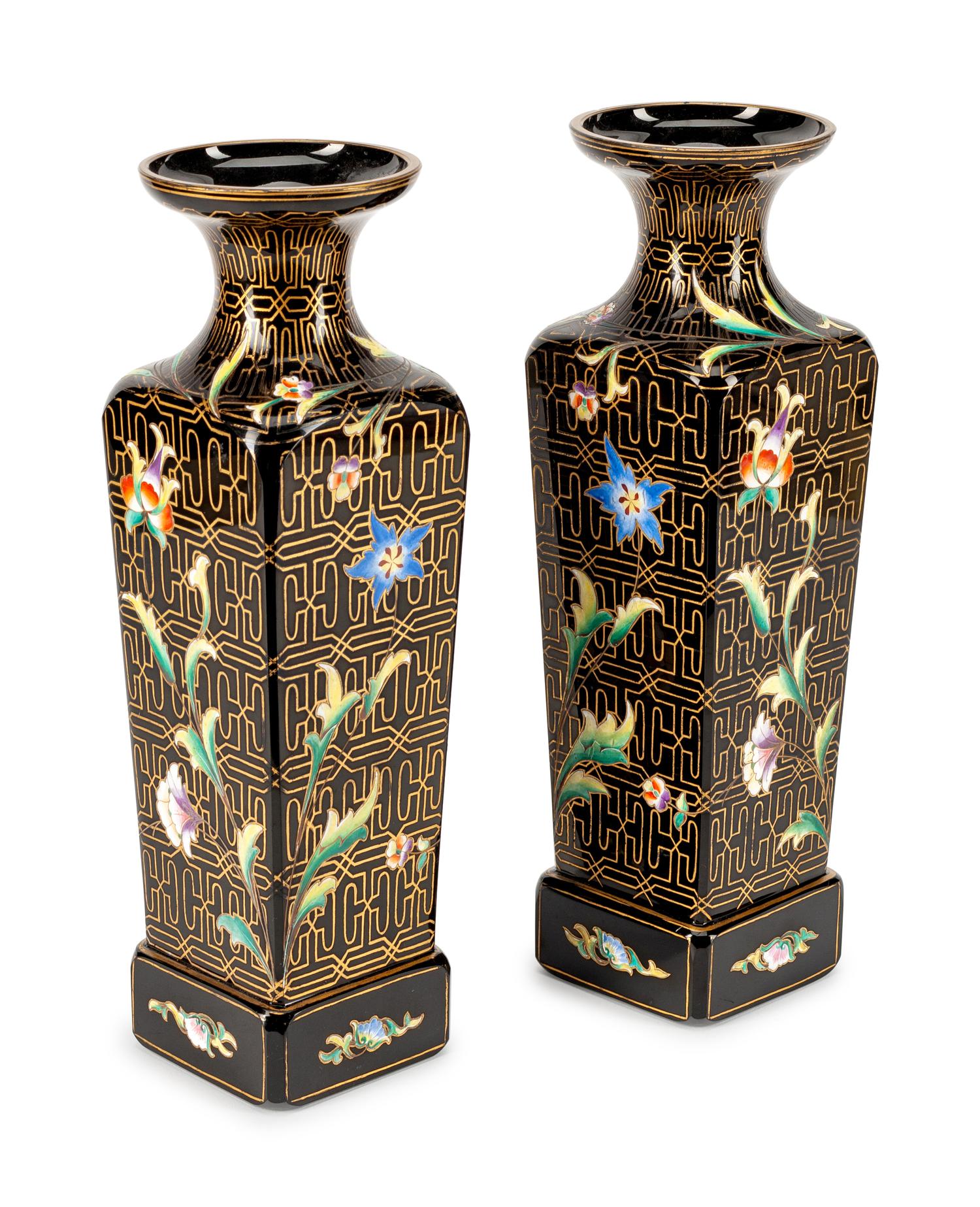 A Pair of Moser Style Enameled Glass Vases