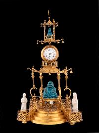 A Louis XV Style Gilt Bronze and Chinese Porcelain Mounted Pagoda-Form Mantel Clock