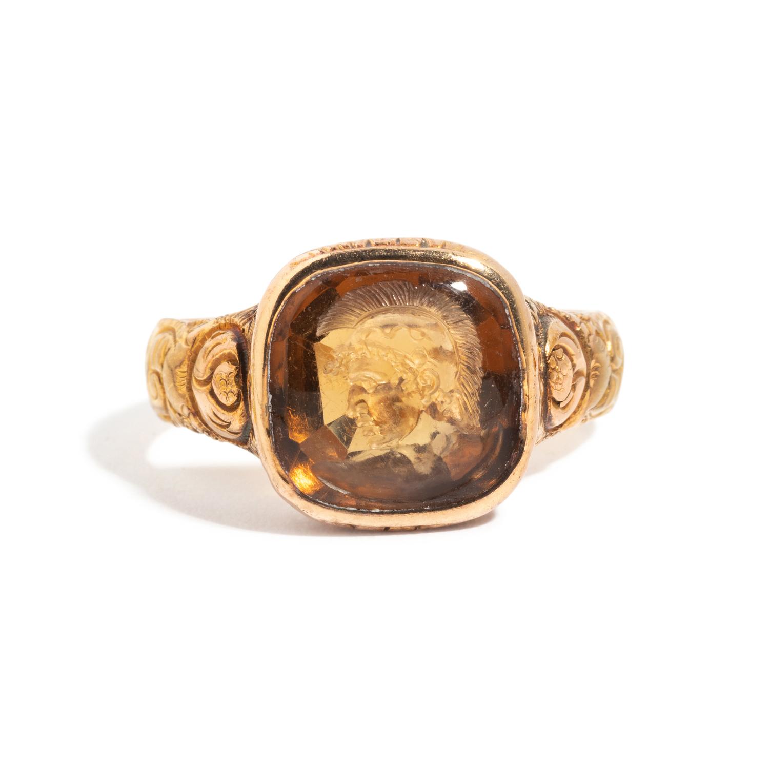 A Neoclassical Gold and Citrine Finger Ring with the God Ares