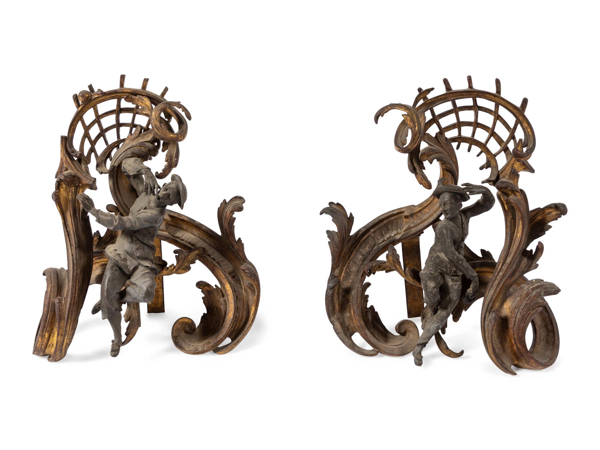 A Pair of Louis XV Style Gilt and Patinated Bronze Chenets