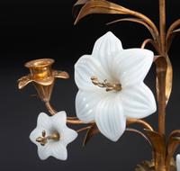 A Pair of French Gilt Metal and Opaline Glass Five-Light Floral Candelabra