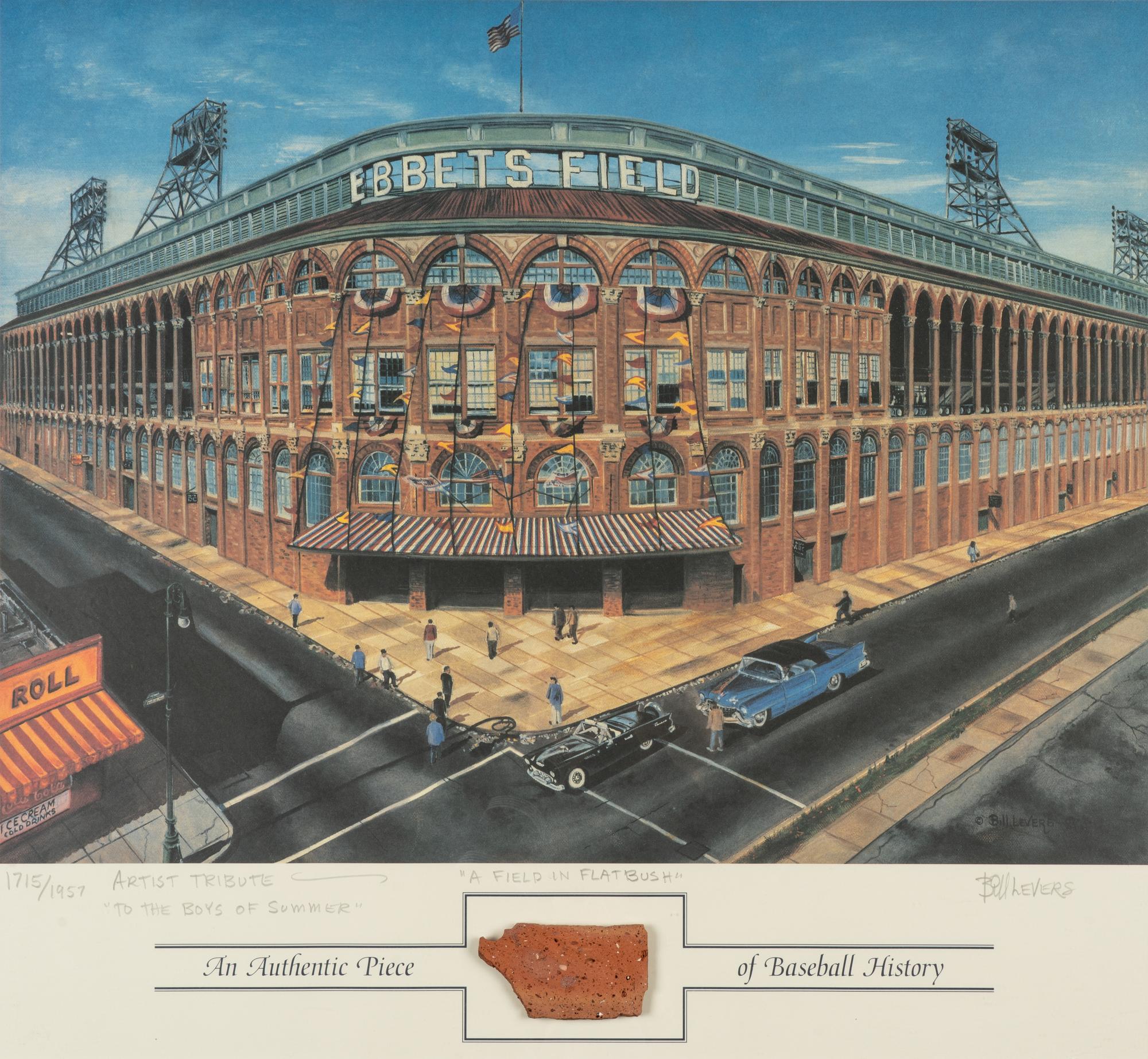 "A Field In Flatbush" Ebbets Field Lithograph Featuring Authentic Exterior Brick Relic,