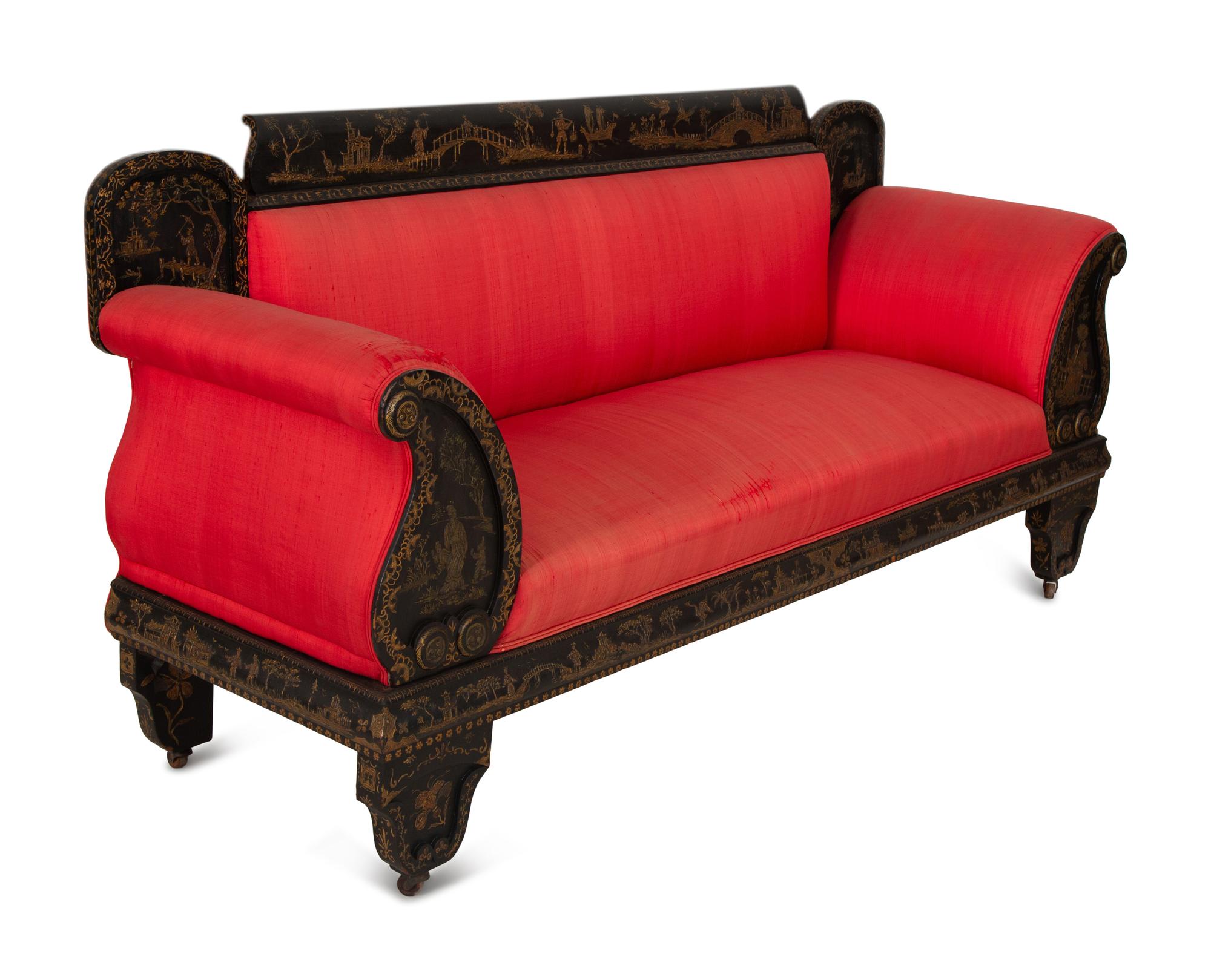 An American Victorian Black and Gilt Chinoiserie Settee