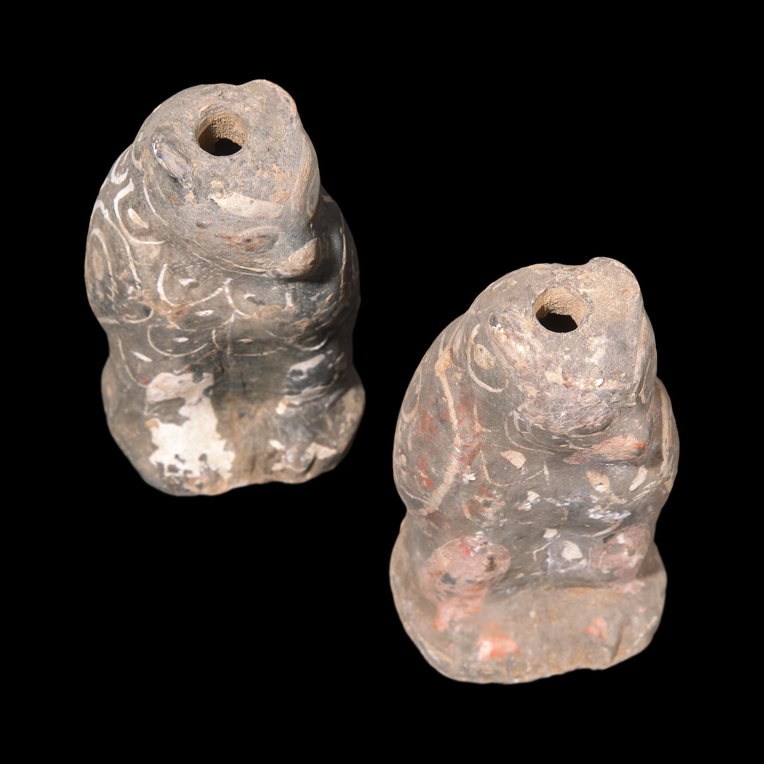 A Pair of Chinese Painted Grey Pottery Owl-Form Vessels, Western Han Dynasty 西漢 彩繪陶鴞尊一對