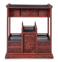 A Chinese Cinnabar Lacquer Display Cabinet Height 35 1/4 x length 31 3/4 x depth 13 1/4 inches.