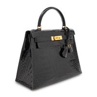 Hermès, Kelly 28 in Shiny Noir Alligator with Strap