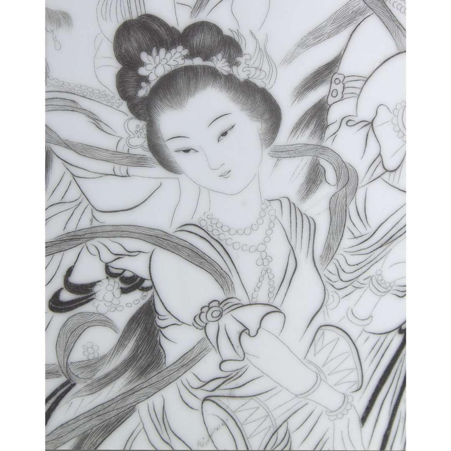 A large and unusual Chinese engraved porcelain "Xiannv wu yue" vase 仙女舞乐瓷瓶 Late 20th/21st century ????????????