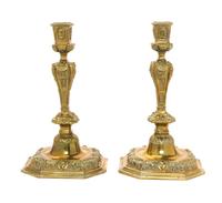 A Pair of Neoclassical Style Brass Candlesticks Height 9 inches.