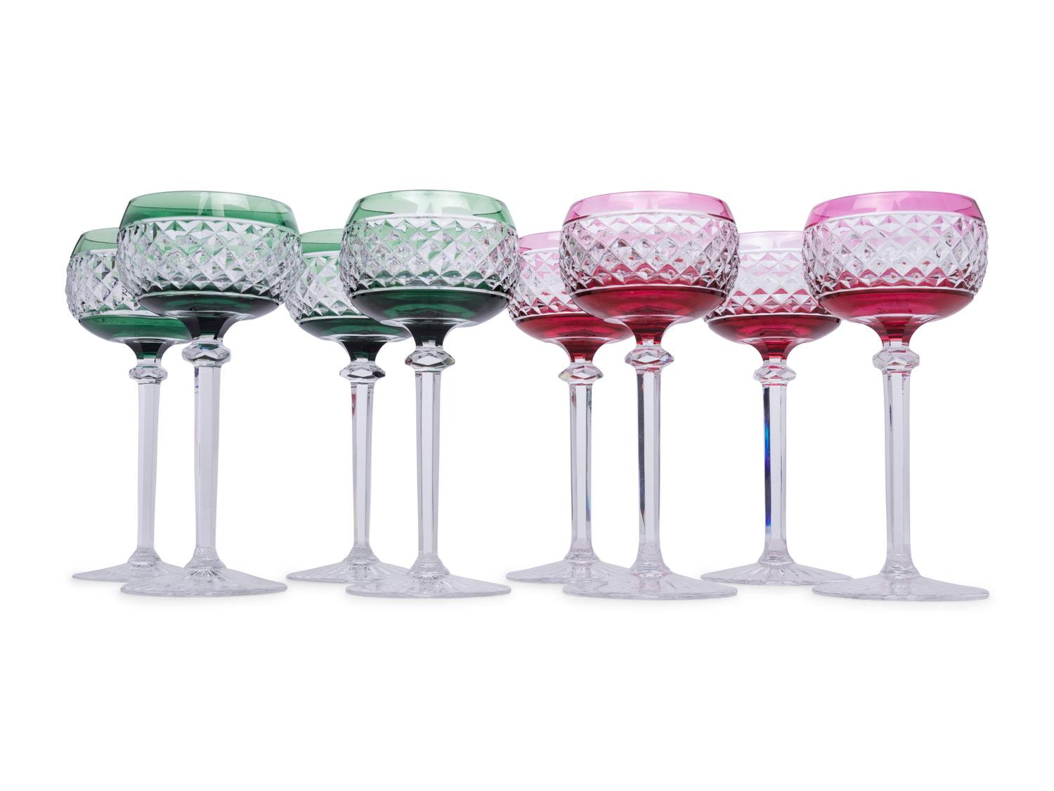 A Set of Eight Val St. Lambert Colored and Cut Glass Wine Hocks