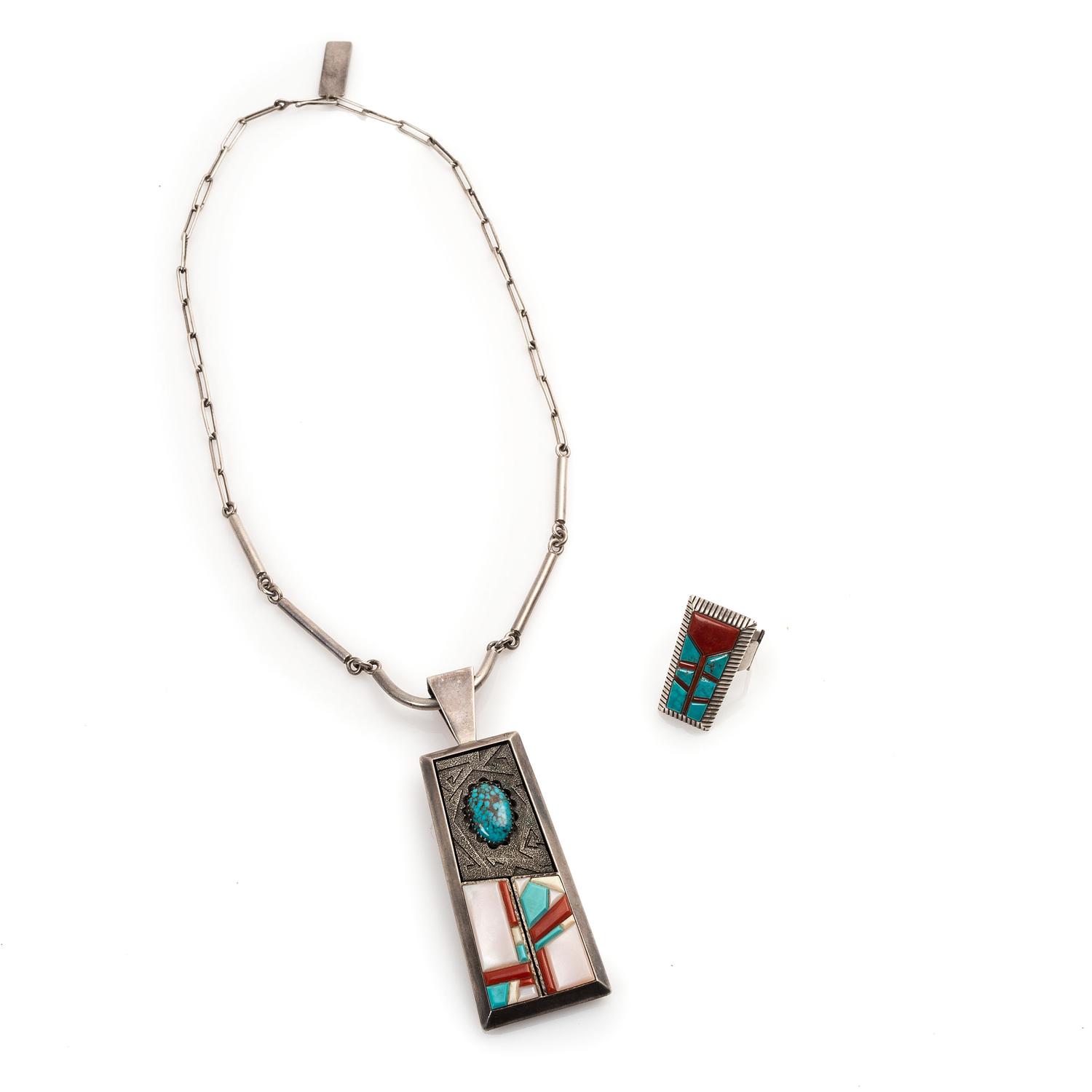 Sterling Silver, Turquoise, Shell and Coral Inlay Necklace, AND Ring