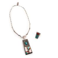 Sterling Silver, Turquoise, Shell and Coral Inlay Necklace, AND Ring