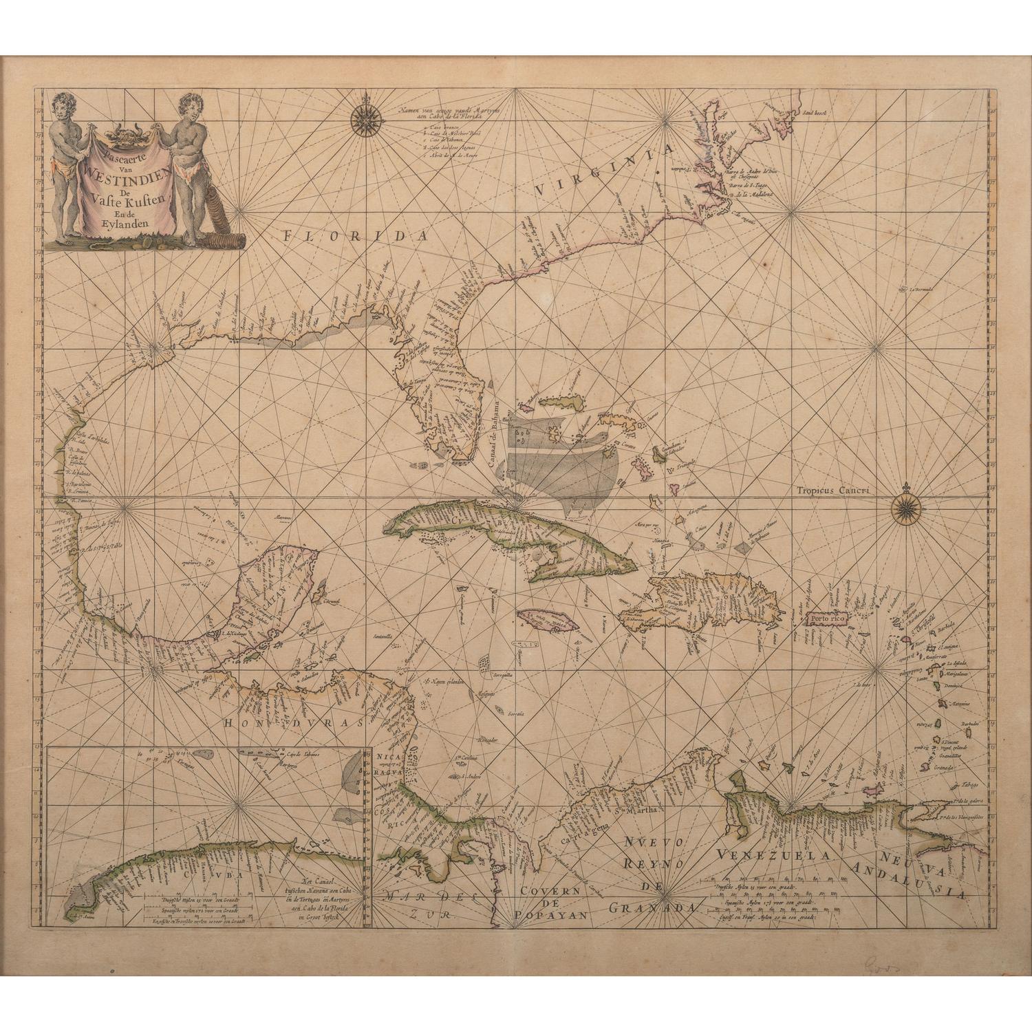 GOOS, Pieter (ca 1616-1675). Pascaerte van Westindien de Vaste Kusten en de Eylanden . Amsterdam, ca 1666.