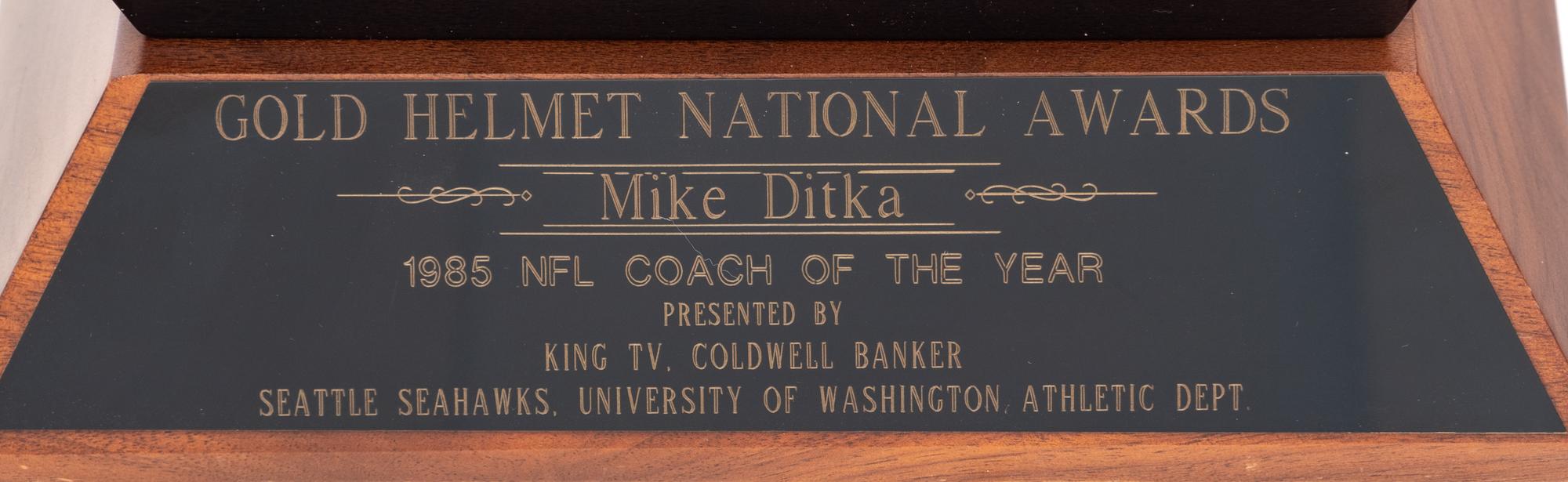 A 1985 Gold Helmet National Awards NFL Coach of the Year Award Trophy Presented to Mike Ditka Formerly Displayed at Mike Ditka's Restaurant