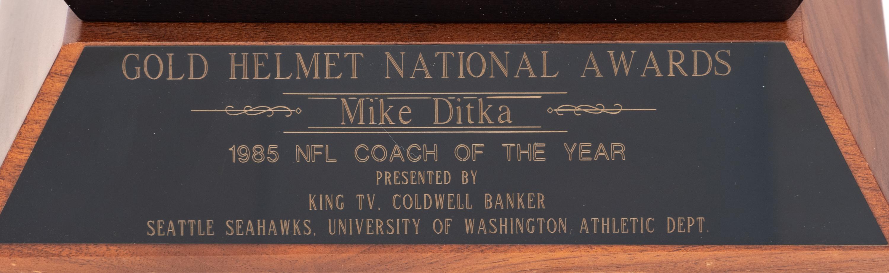 A 1985 Gold Helmet National Awards NFL Coach of the Year Award Trophy Presented to Mike Ditka Formerly Displayed at Mike Ditka's Restaurant