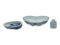 Three Chinese Blue and White Porcelain Scholar's Objects