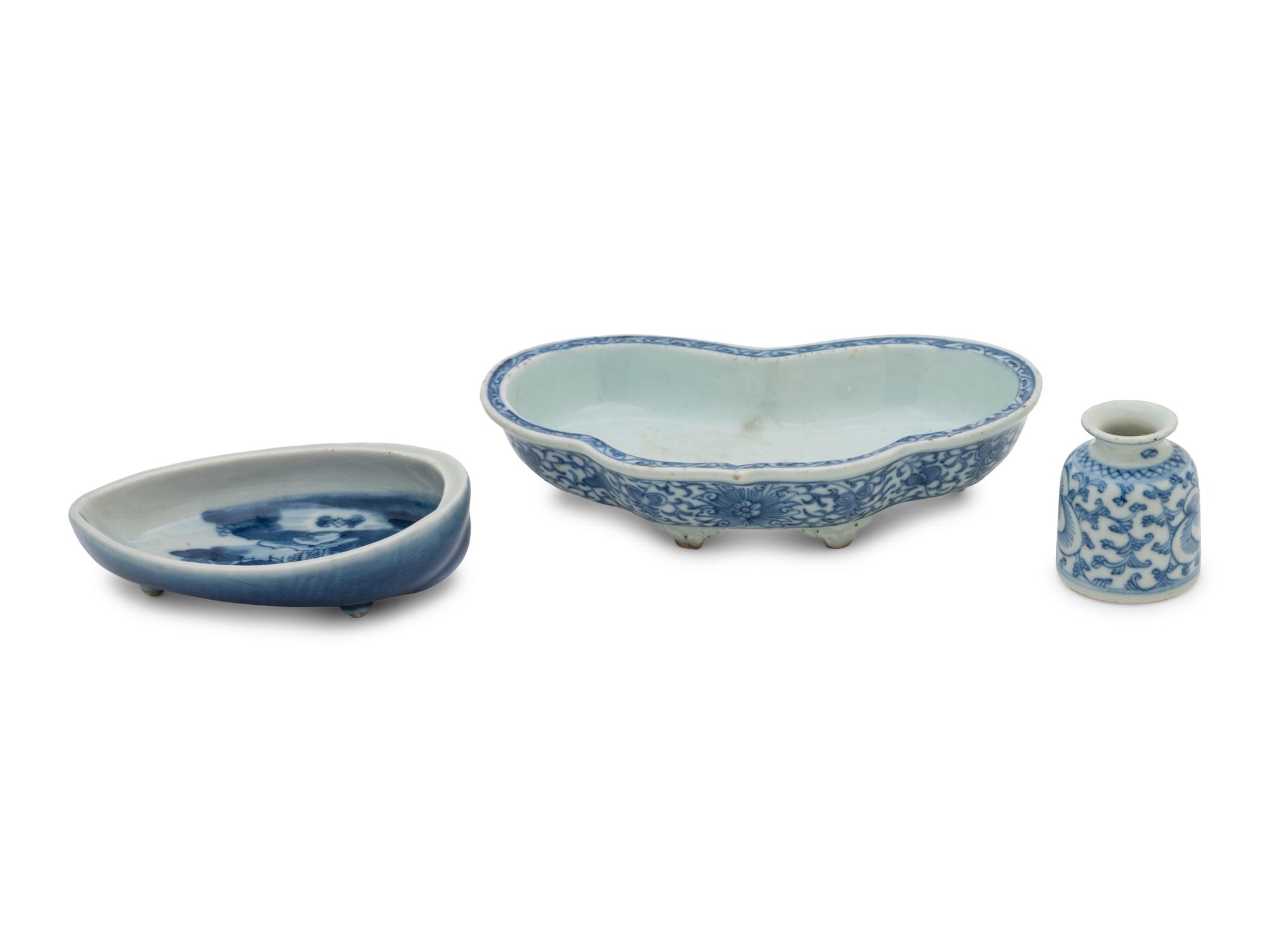 Three Chinese Blue and White Porcelain Scholar's Objects