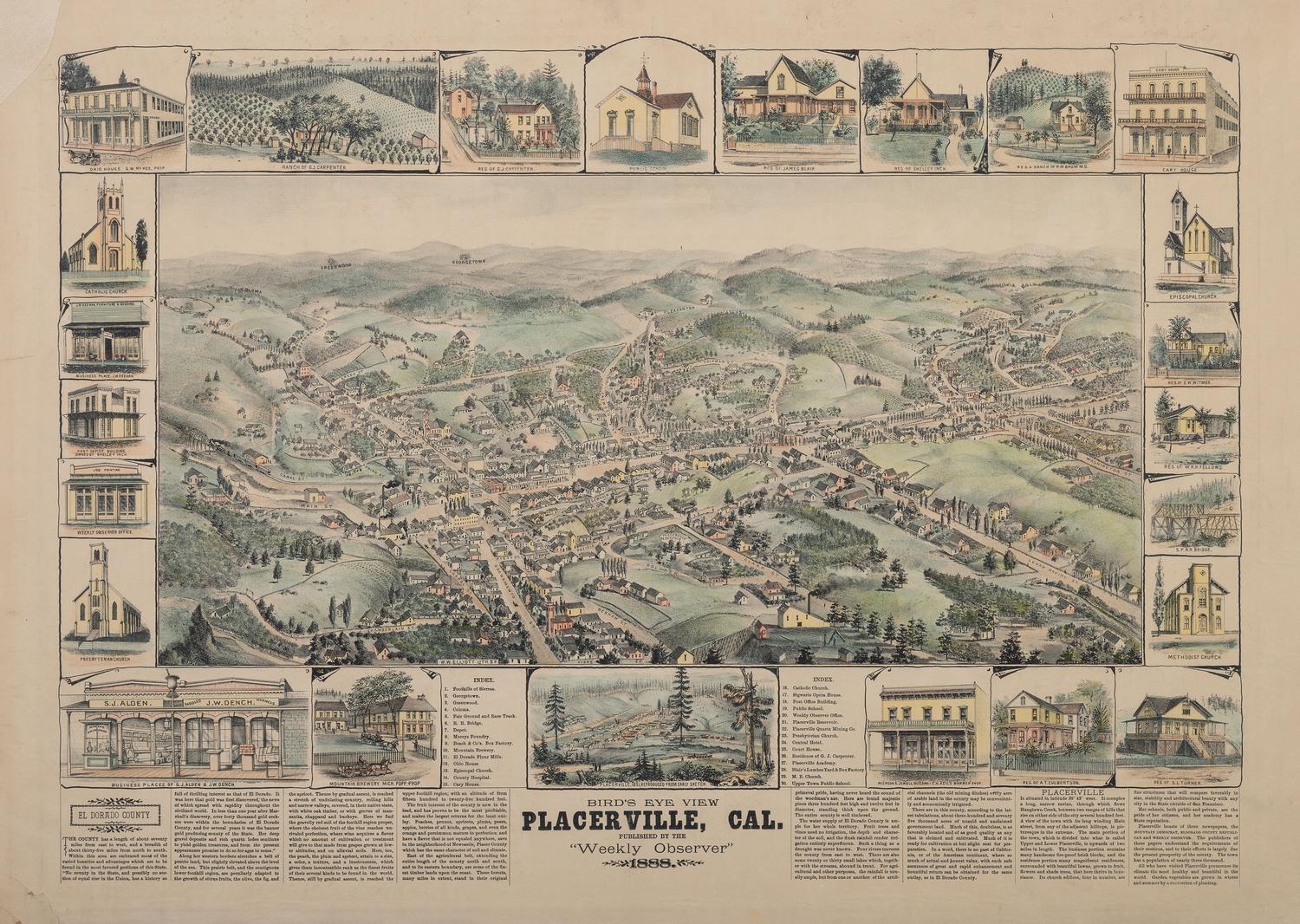[GOLD RUSH]. Bird's Eye View, Placerville, CAL. [Los Angeles, CA]: The Weekly Observer, 1888.