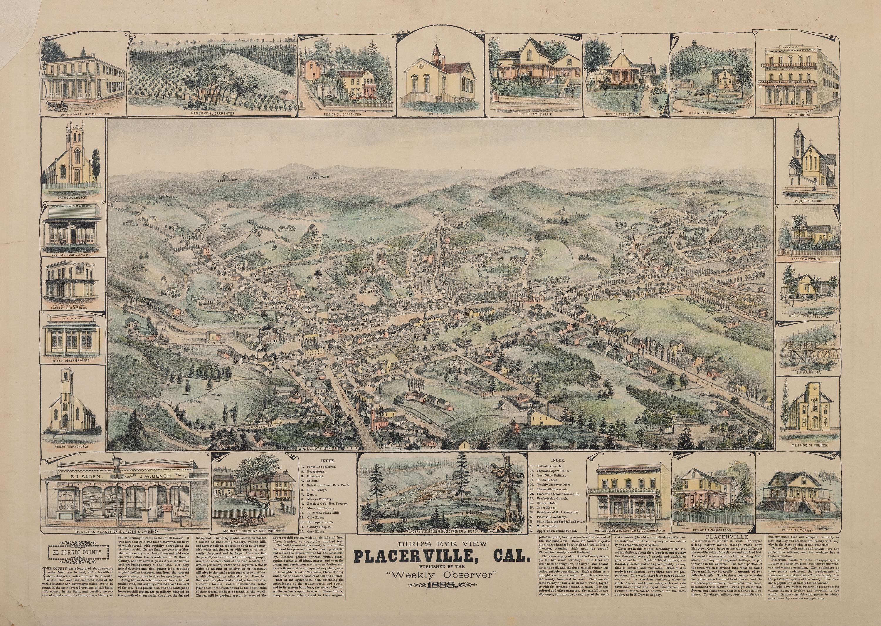 [GOLD RUSH]. Bird's Eye View, Placerville, CAL. [Los Angeles, CA]: The Weekly Observer, 1888.