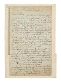 BURNS, Robert (1759-1796). Autograph letter signed ("Robt. Burns"), to Frances Dunlop (addressed as "Mrs. Dunlop"), Mauchline, 2 August 1788.
