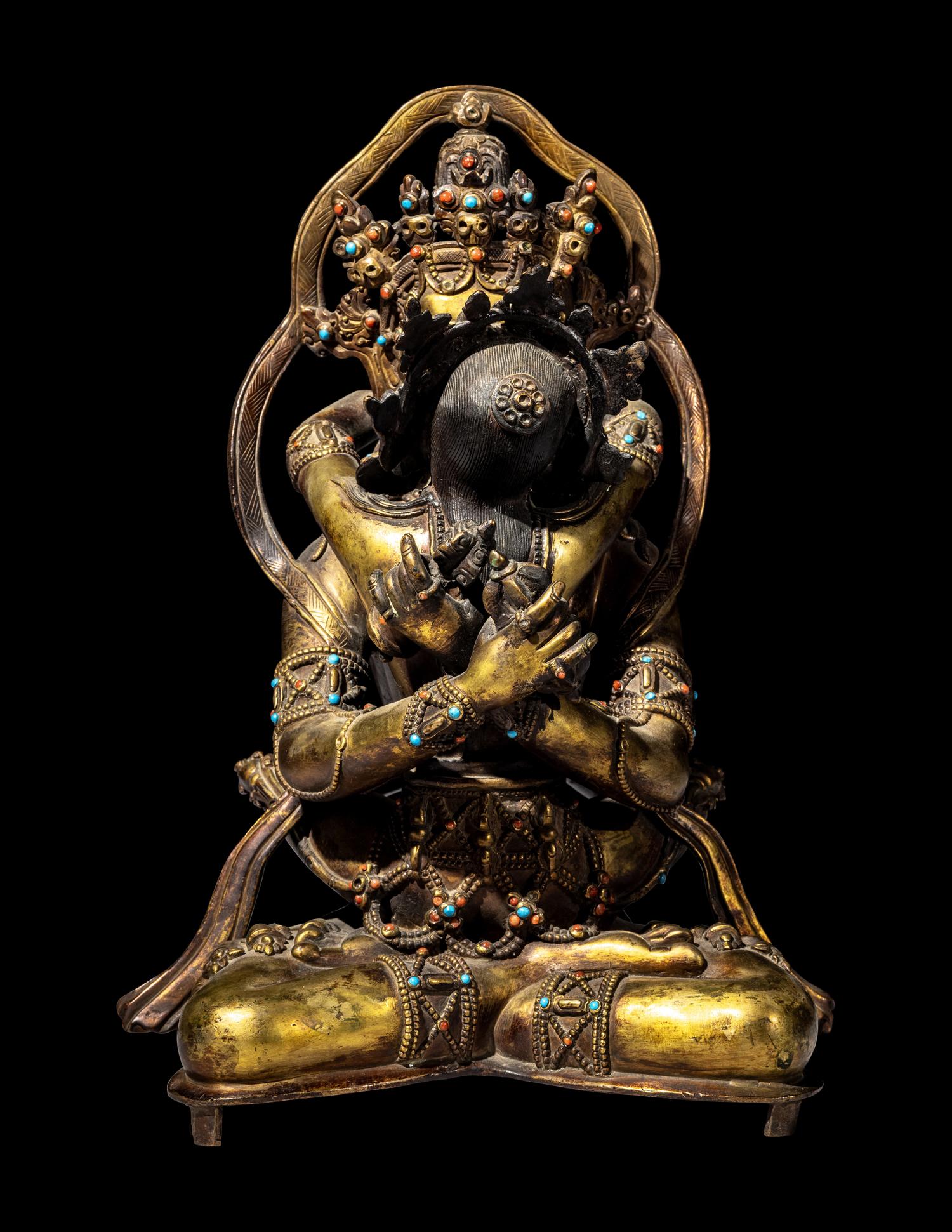 A Sino-Tibetan Hardstone Inset Gilt Bronze Figure of a Seated Bodhisattva and Consort