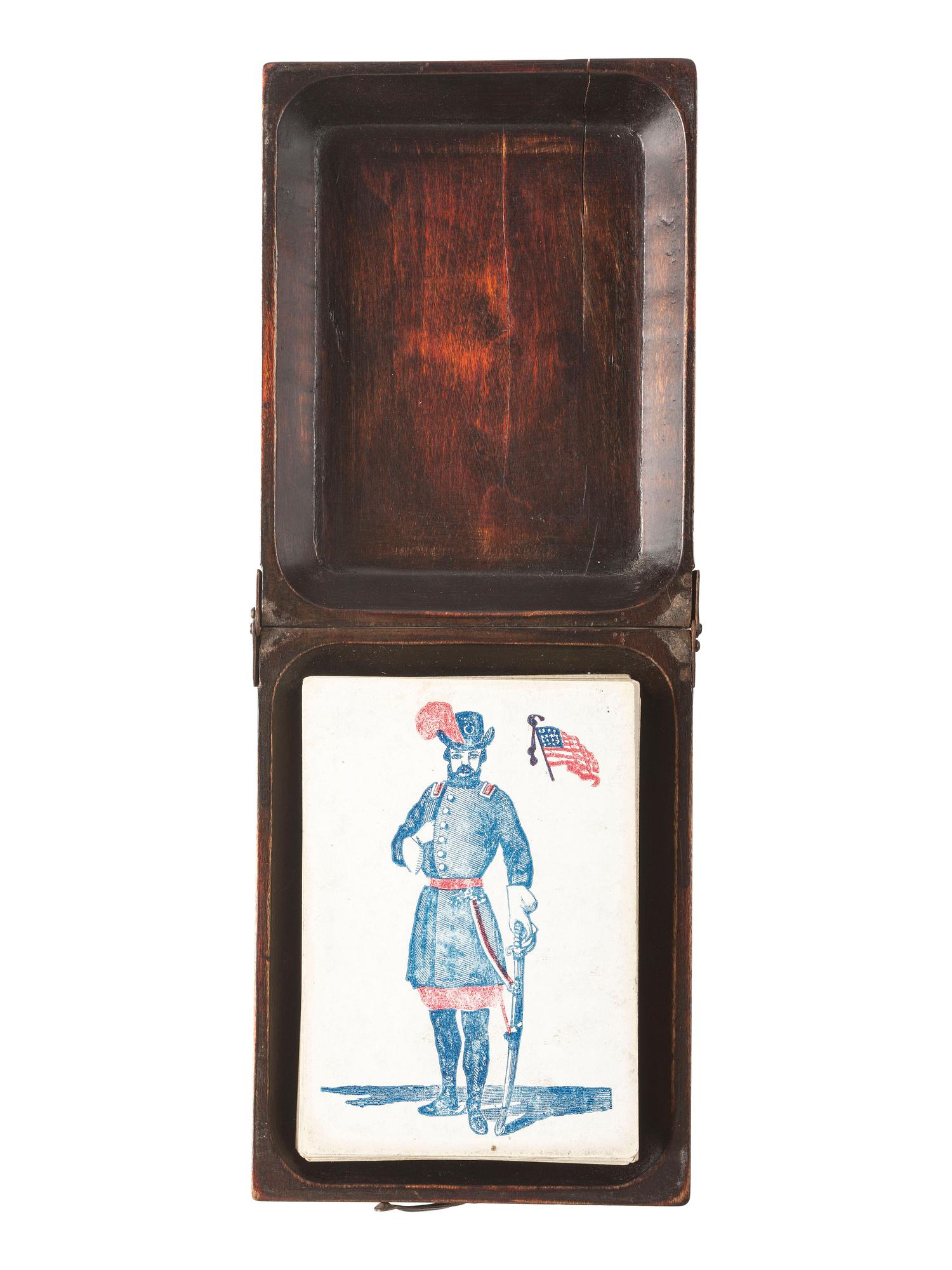 [CIVIL WAR]. Union playing cards housed in Civil War soldier's folk art carved case.