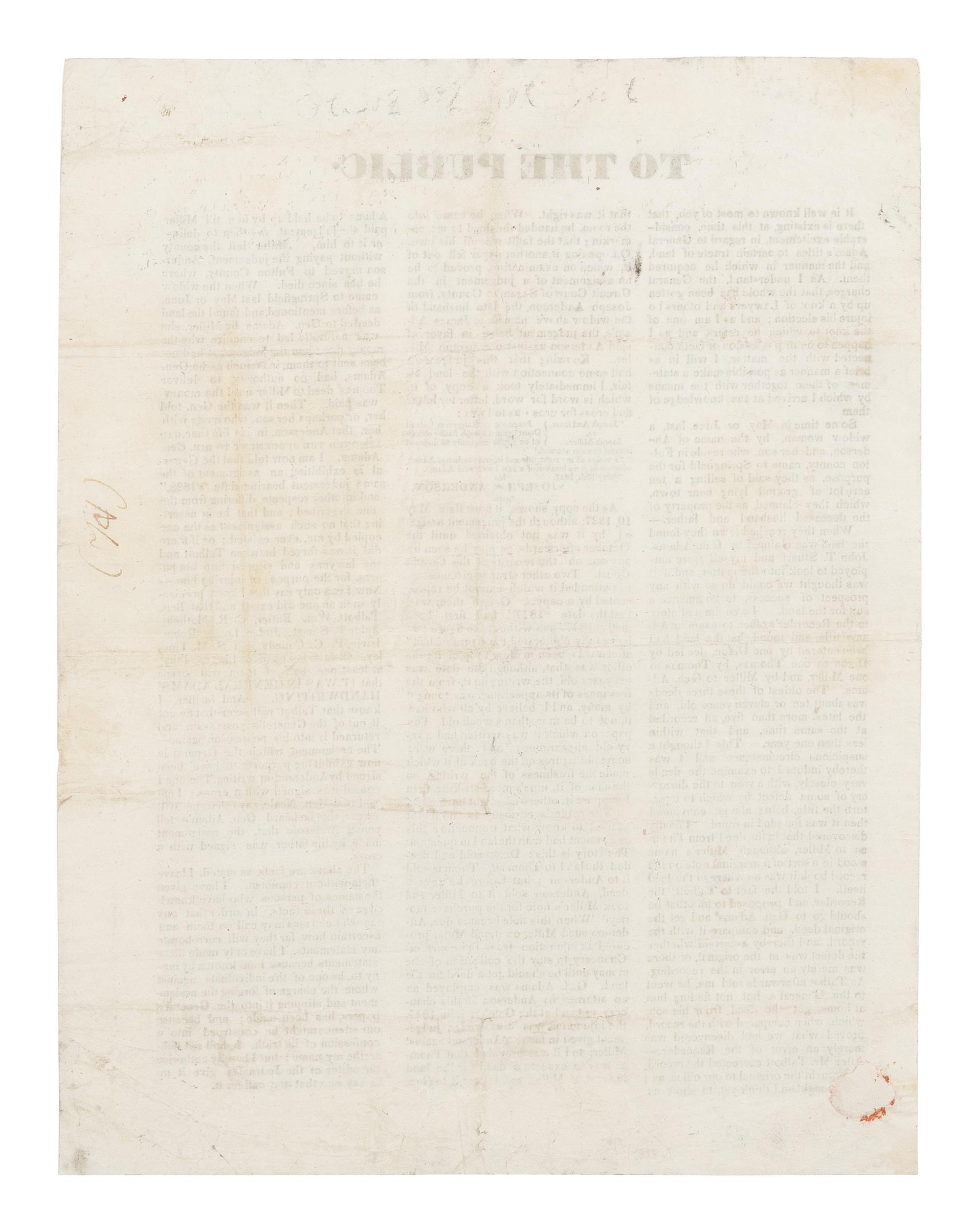 LINCOLN, Abraham (1809-1865). To the Public ... [The Adams Handbill] . Springfield, Illinois, 5 August 1837.