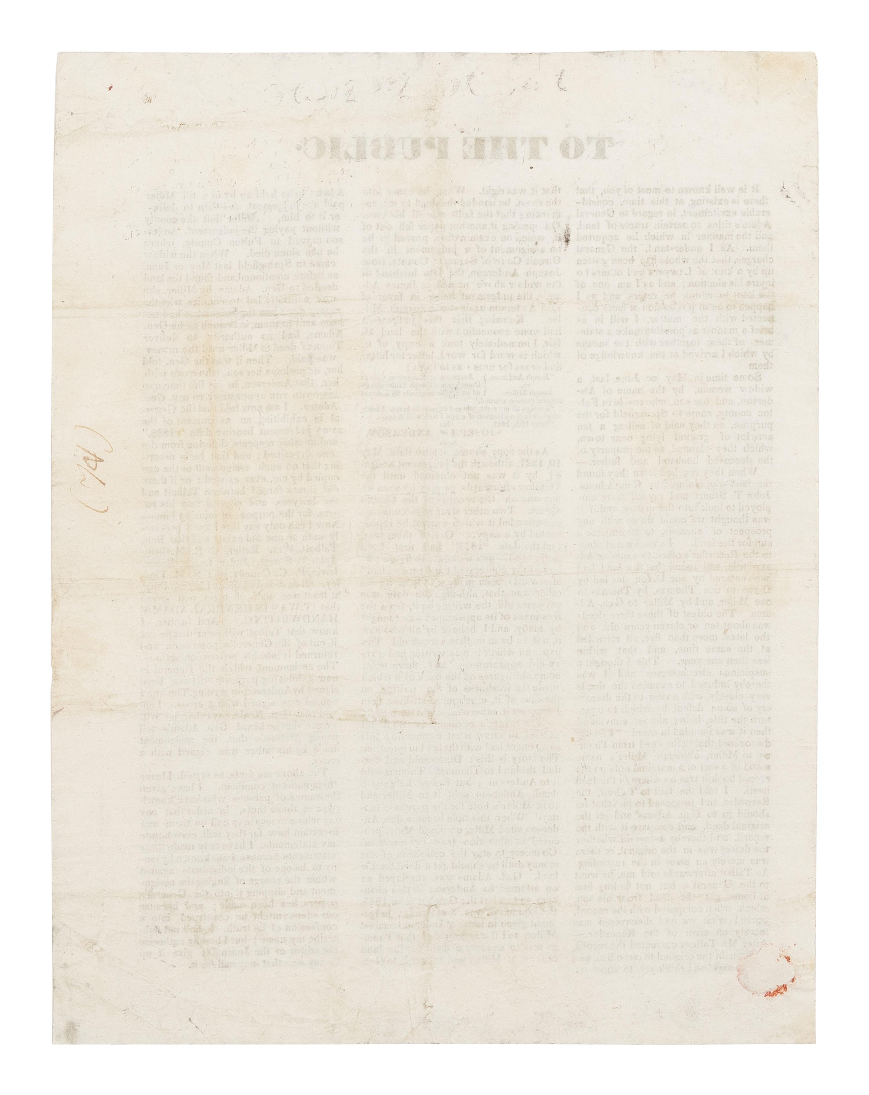 LINCOLN, Abraham (1809-1865). To the Public ... [The Adams Handbill] . Springfield, Illinois, 5 August 1837.