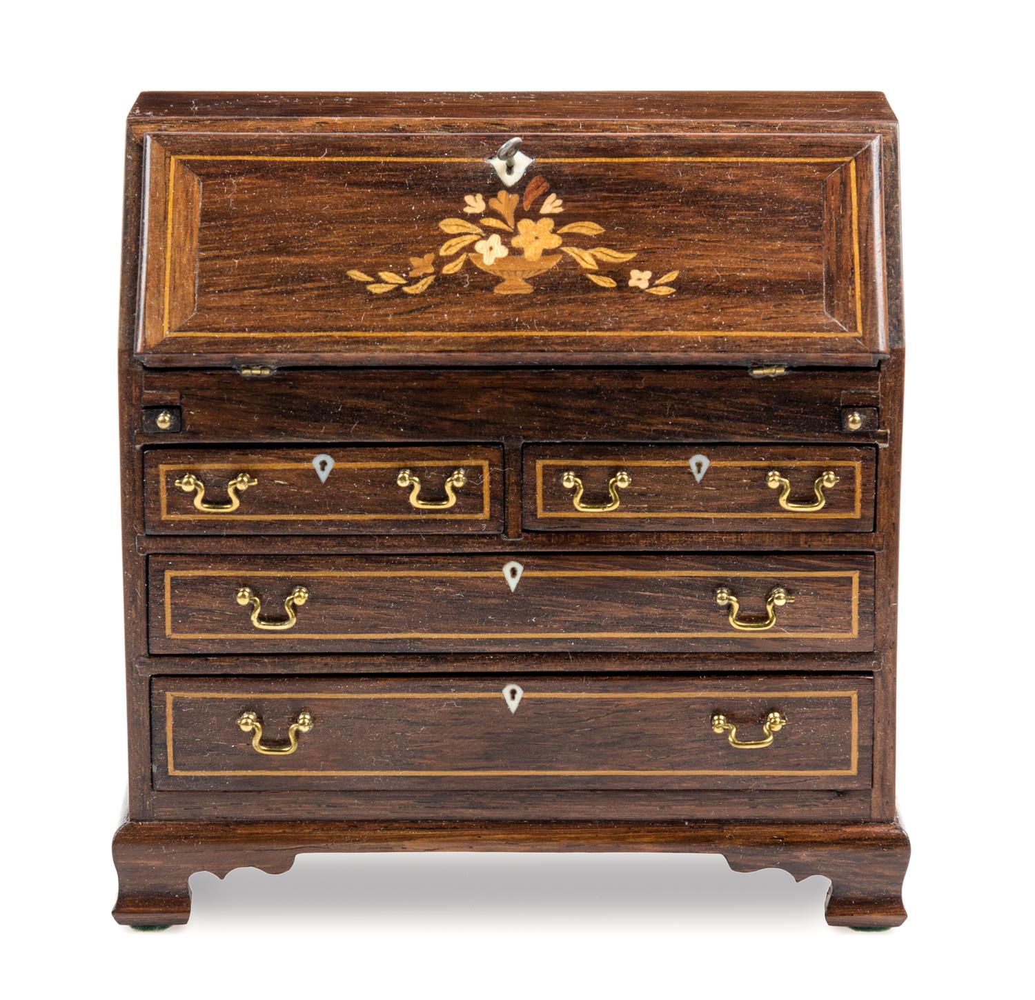 A George III Style Marquetry and Mahogany Slant Front Desk Height 3 3/8 x width 3 1/2 x depth 1 5/8 inches. — John Davenport, October 1980