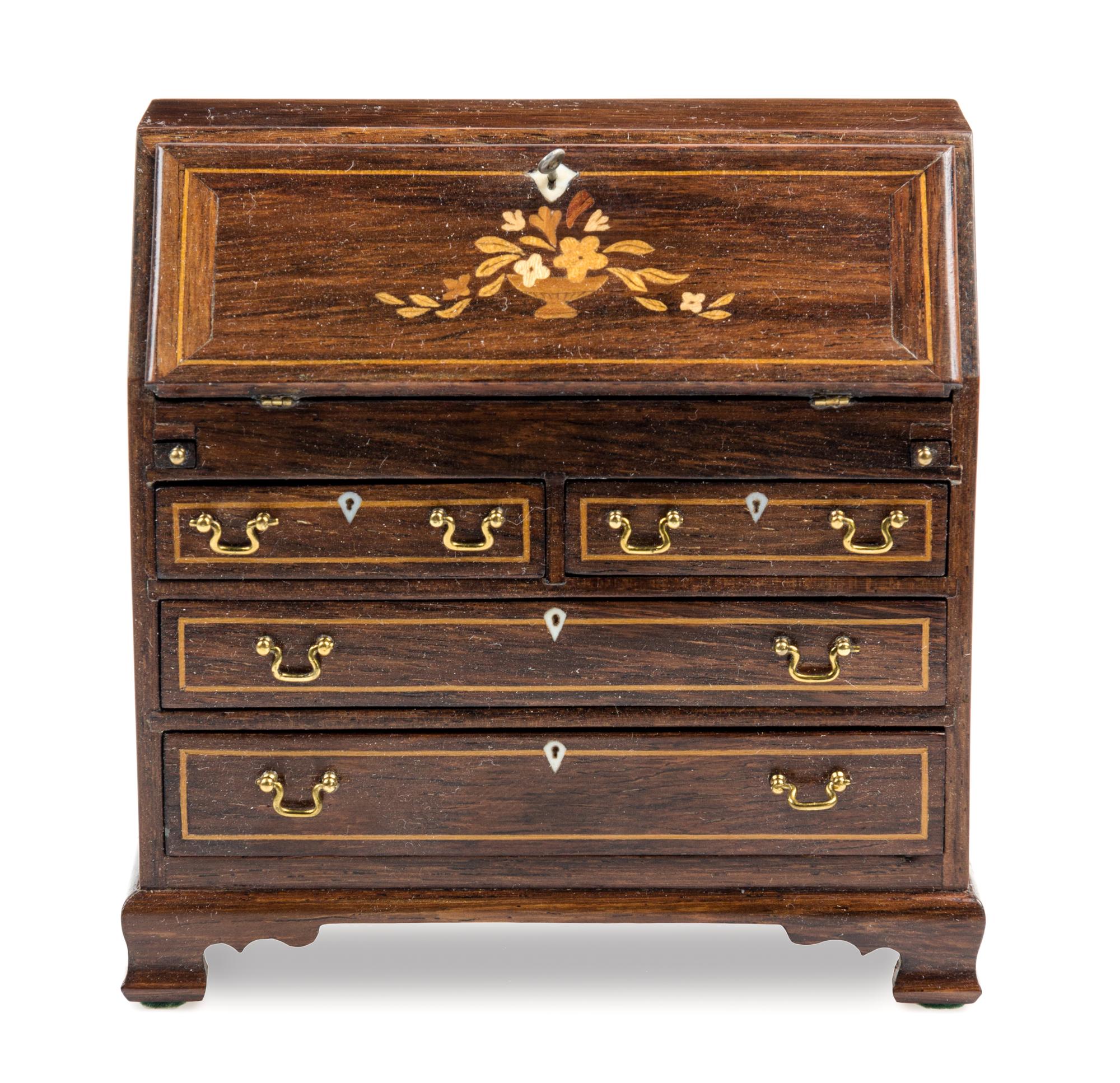 A George III Style Marquetry and Mahogany Slant Front Desk Height 3 3/8 x width 3 1/2 x depth 1 5/8 inches. — John Davenport, October 1980