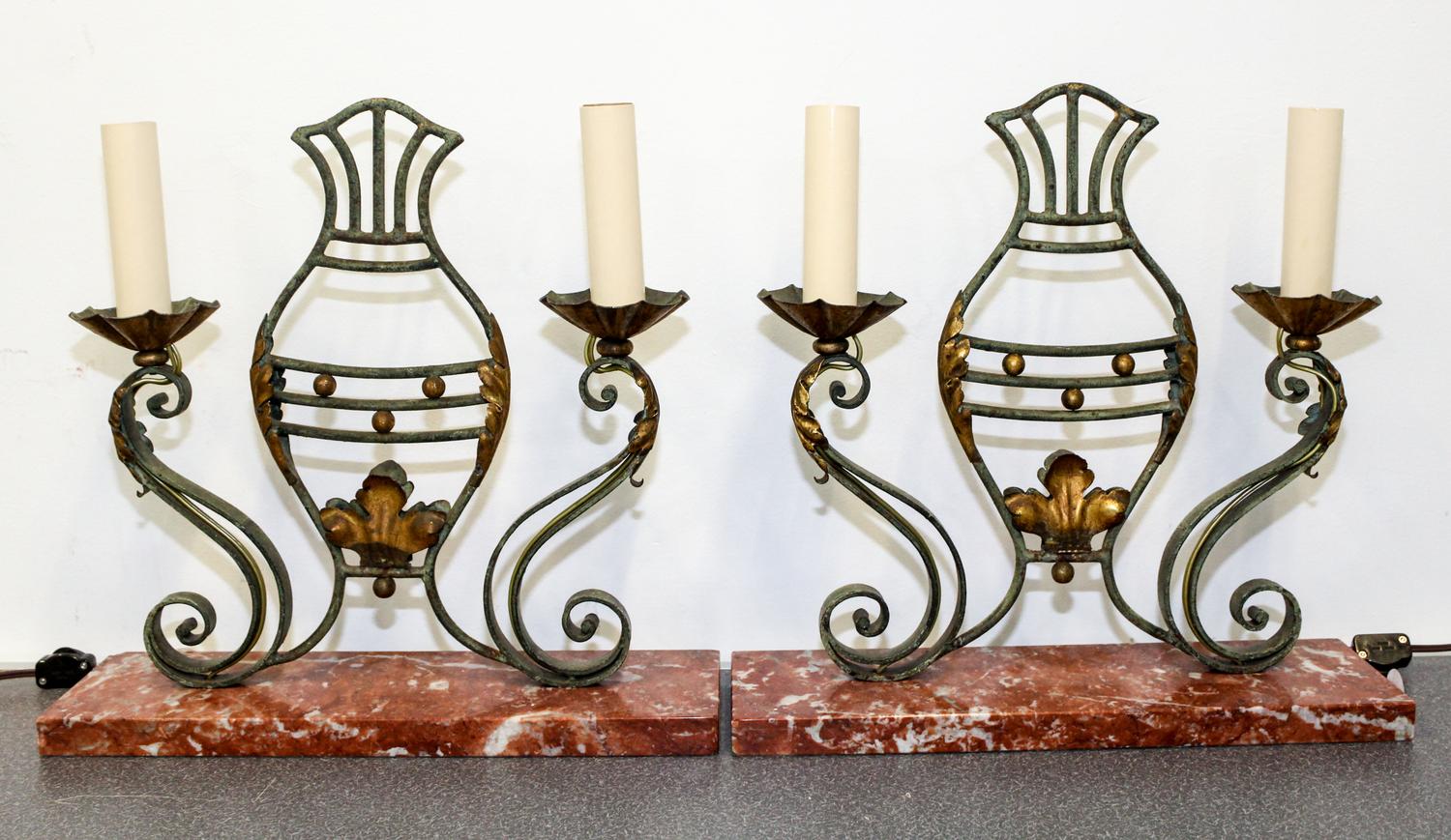 A Pair of Iron, Tole and Marble Two-Light Lamps Height 15 inches. — 20TH CENTURY
