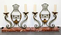 A Pair of Iron, Tole and Marble Two-Light Lamps Height 15 inches. — 20TH CENTURY