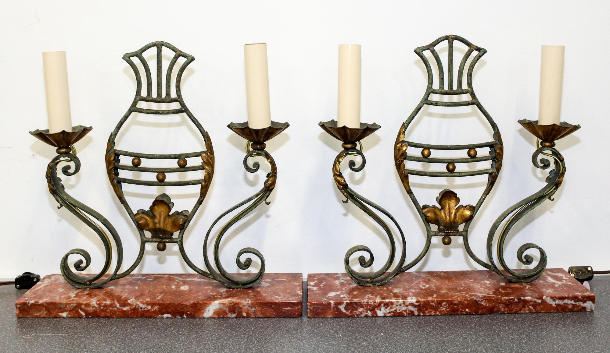 A Pair of Iron, Tole and Marble Two-Light Lamps Height 15 inches. — 20TH CENTURY