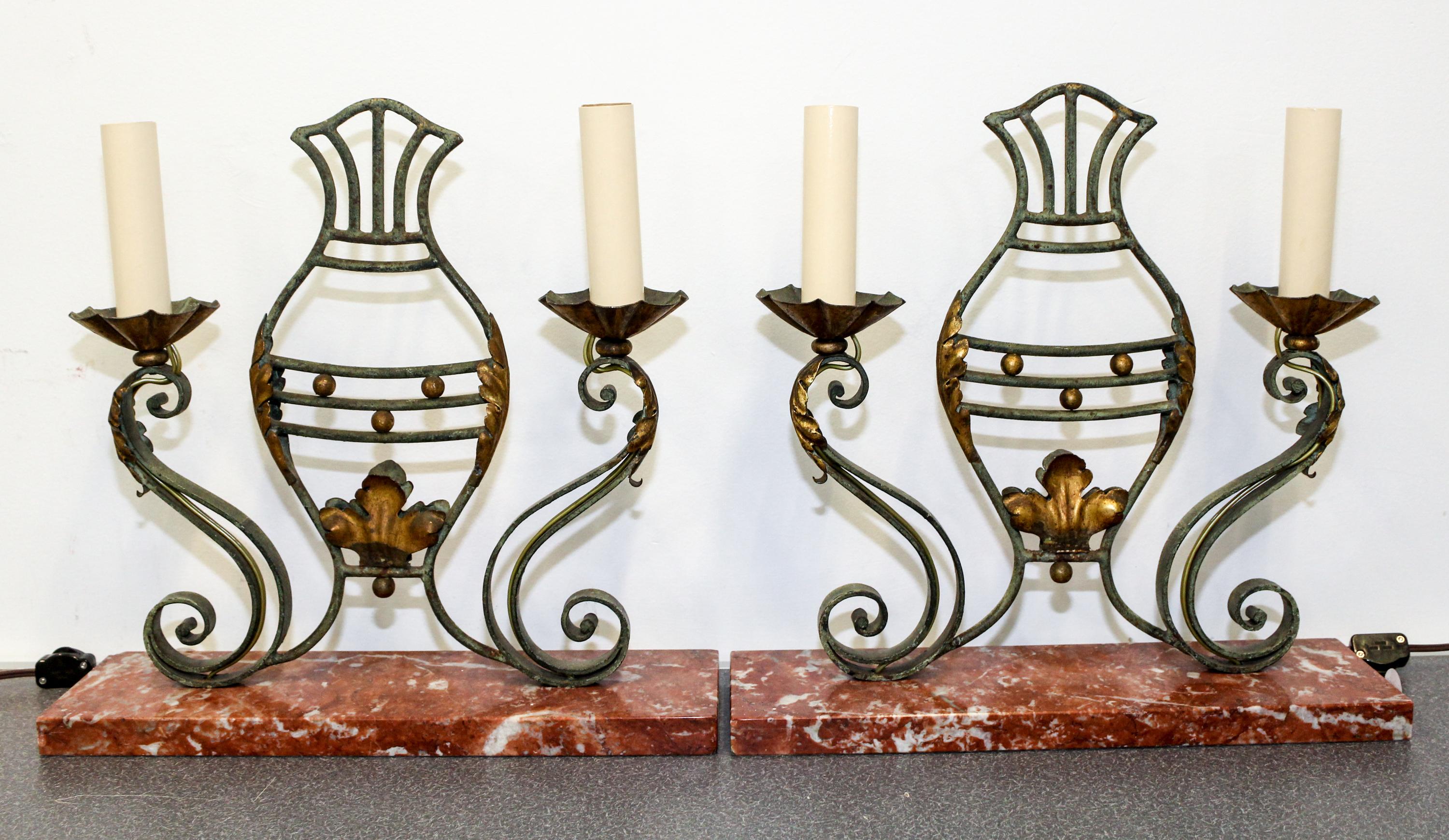 A Pair of Iron, Tole and Marble Two-Light Lamps Height 15 inches. — 20TH CENTURY