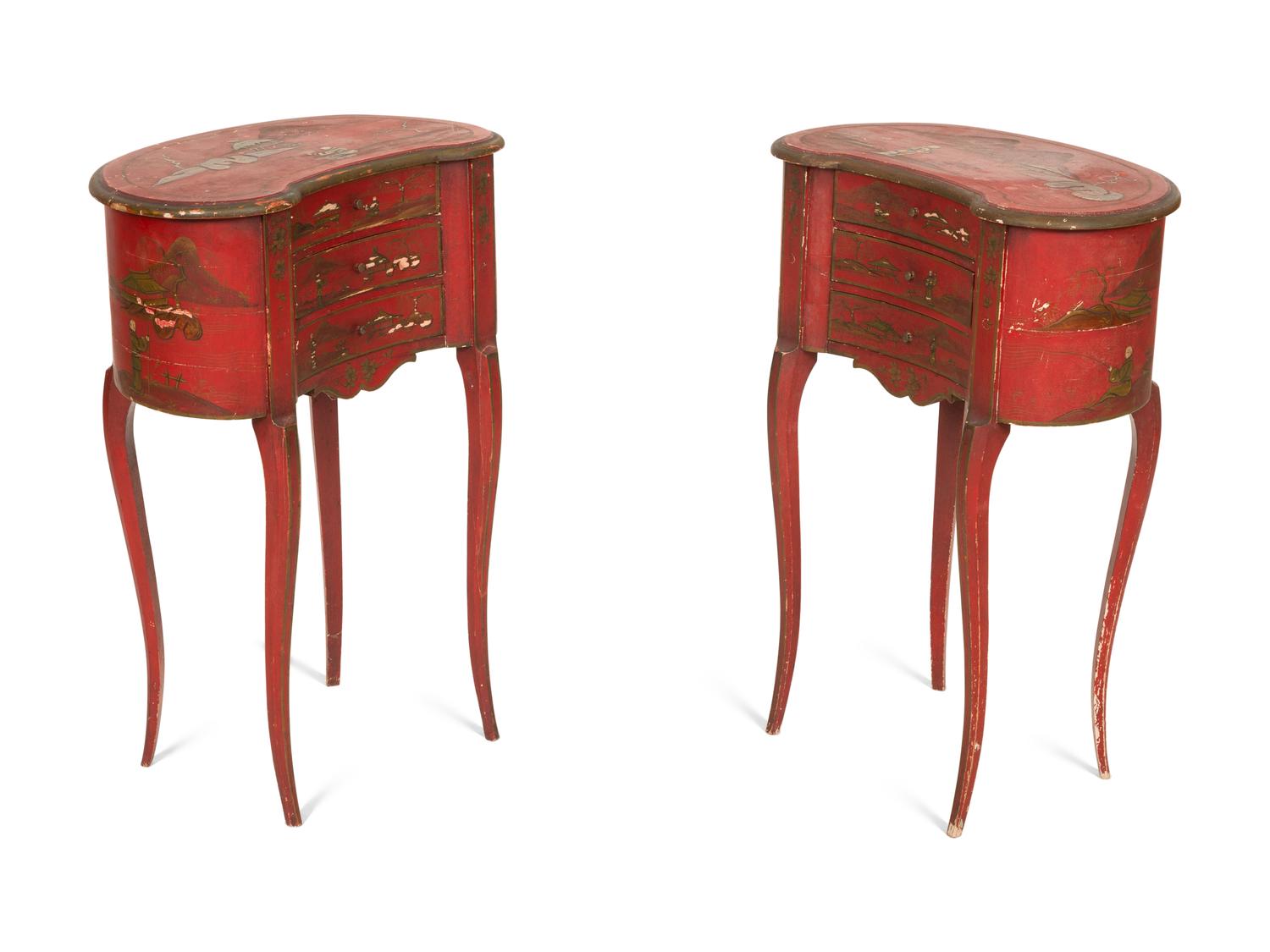 A Pair of English Red Japanned Reniform Side Tables