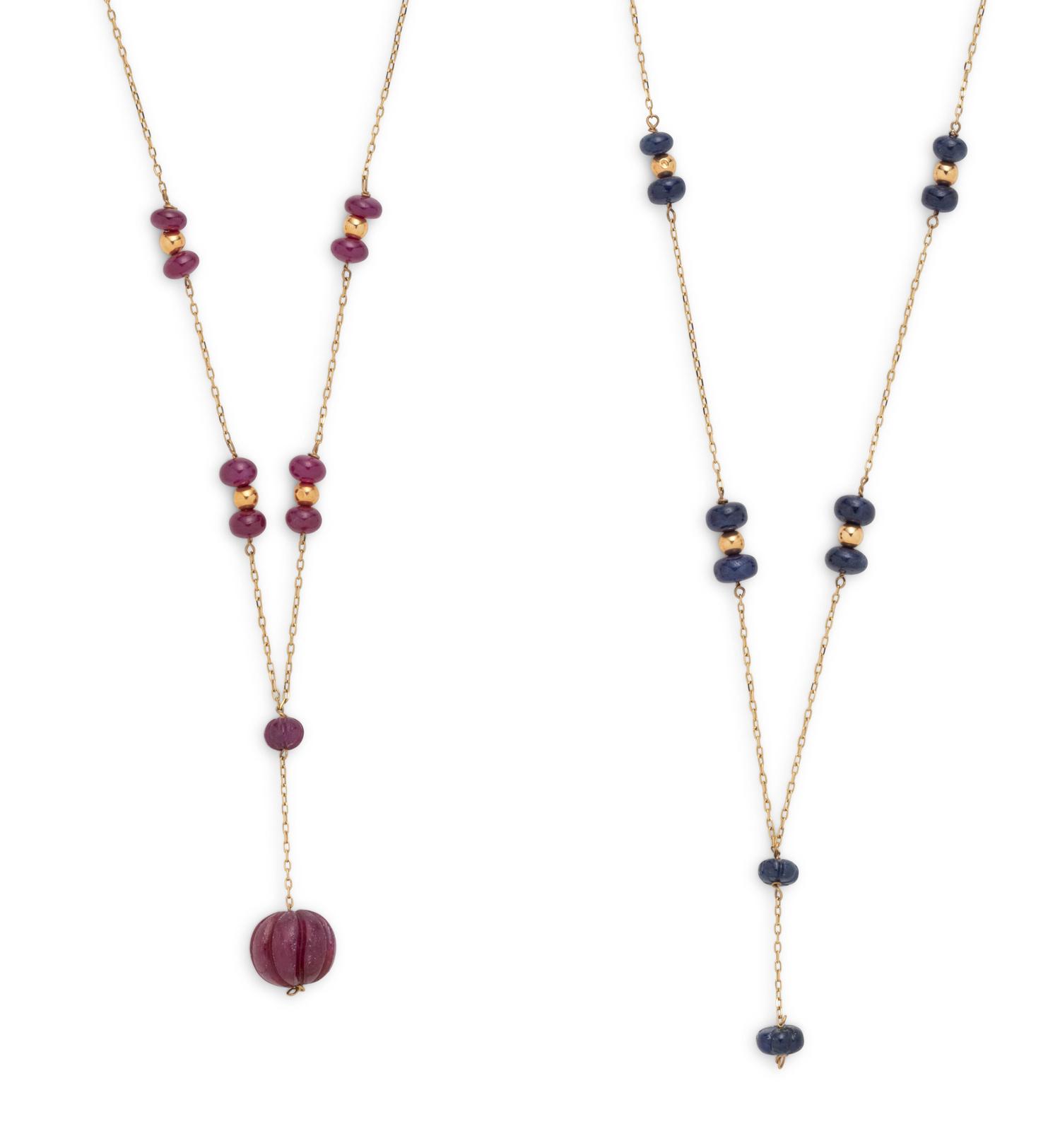 COLLECTION OF YELLOW GOLD AND CARVED GEMSTONE NECKLACES