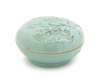 A Chinese Celadon Glazed Porcelain Molded Seal Paste Box QING DYNASTY Diameter 3 1/4 inches. — QING DYNASTY