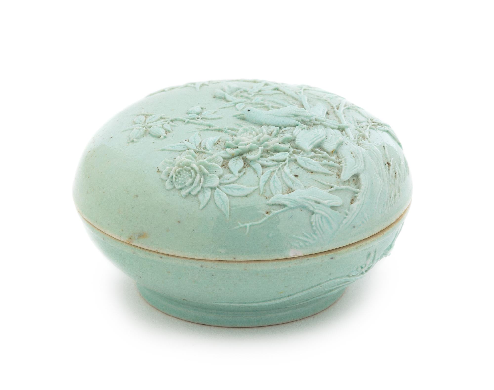 A Chinese Celadon Glazed Porcelain Molded Seal Paste Box QING DYNASTY Diameter 3 1/4 inches. — QING DYNASTY
