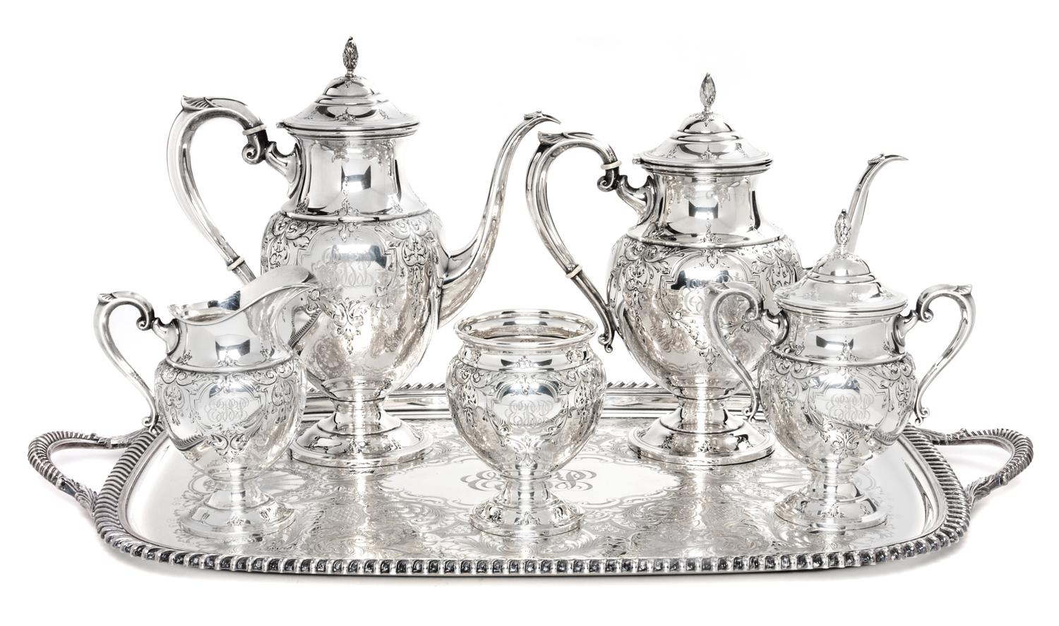 A Silver Coffee and Tea Service, M. Fred Hirsch Co., Jersey City, NJ, St. James pattern, comprising a coffee pot, teapot, covered sugar