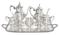 A Silver Coffee and Tea Service, M. Fred Hirsch Co., Jersey City, NJ, St. James pattern, comprising a coffee pot, teapot, covered sugar