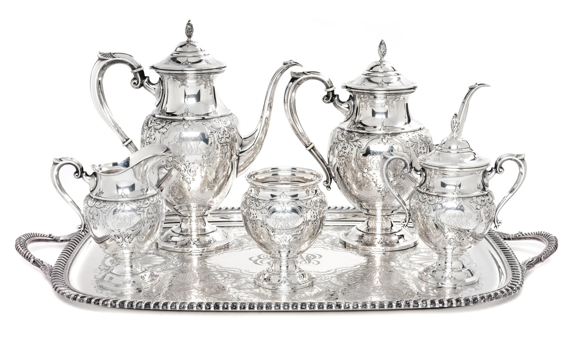 A Silver Coffee and Tea Service, M. Fred Hirsch Co., Jersey City, NJ, St. James pattern, comprising a coffee pot, teapot, covered sugar