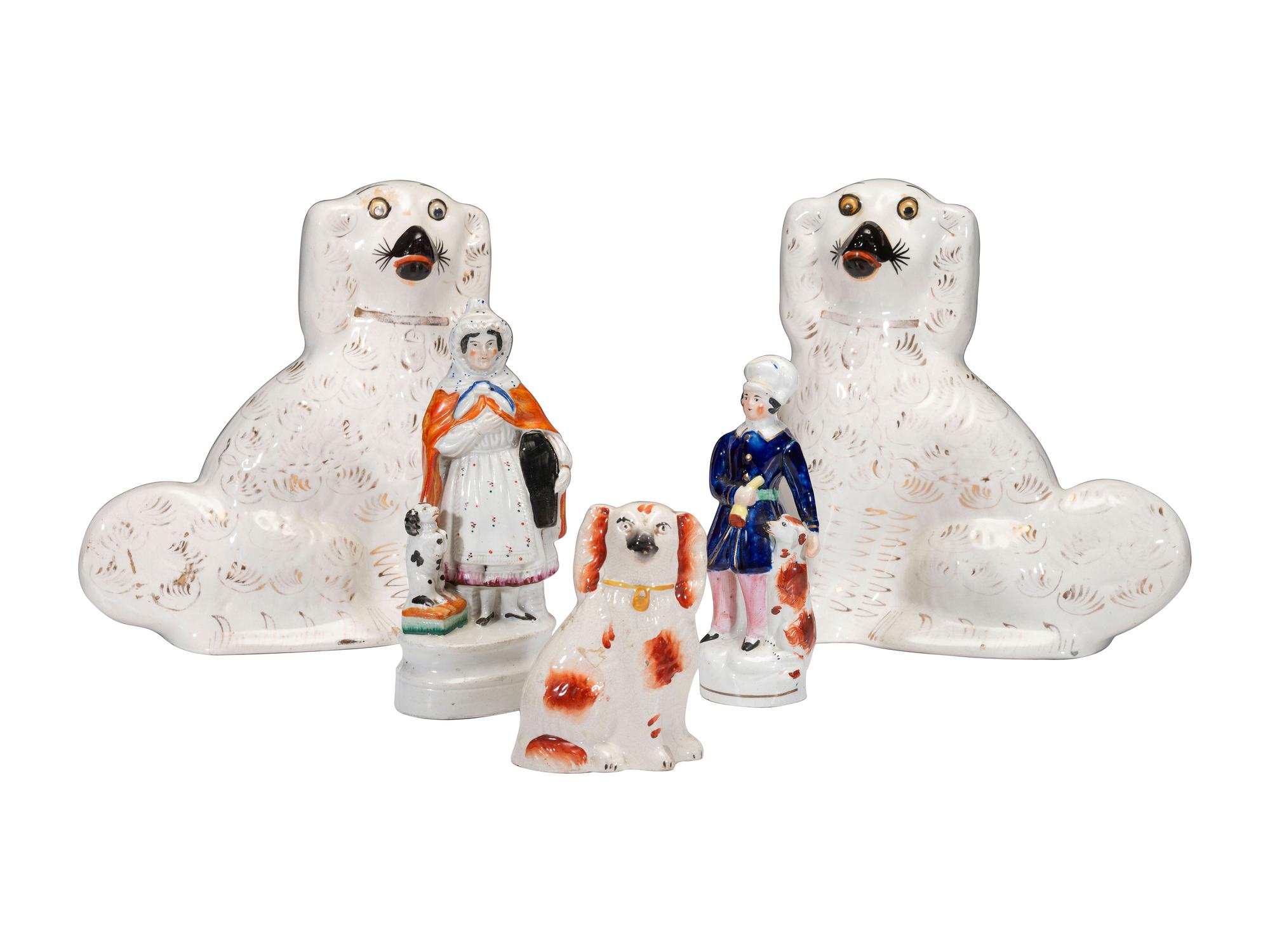 Five Staffordshire Glazed Dogs and Figures