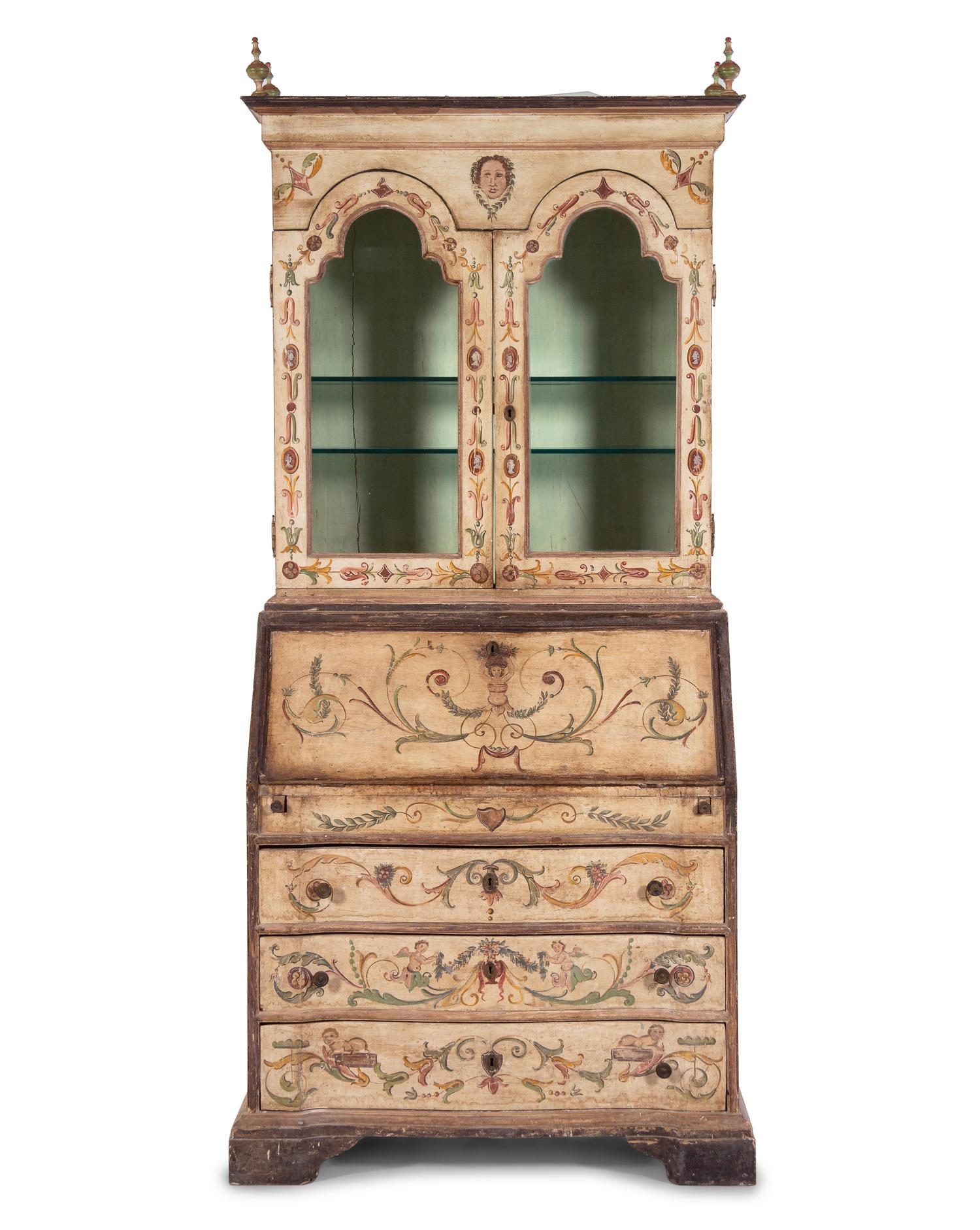 An Italian Painted Slant-Front Secretary Bookcase