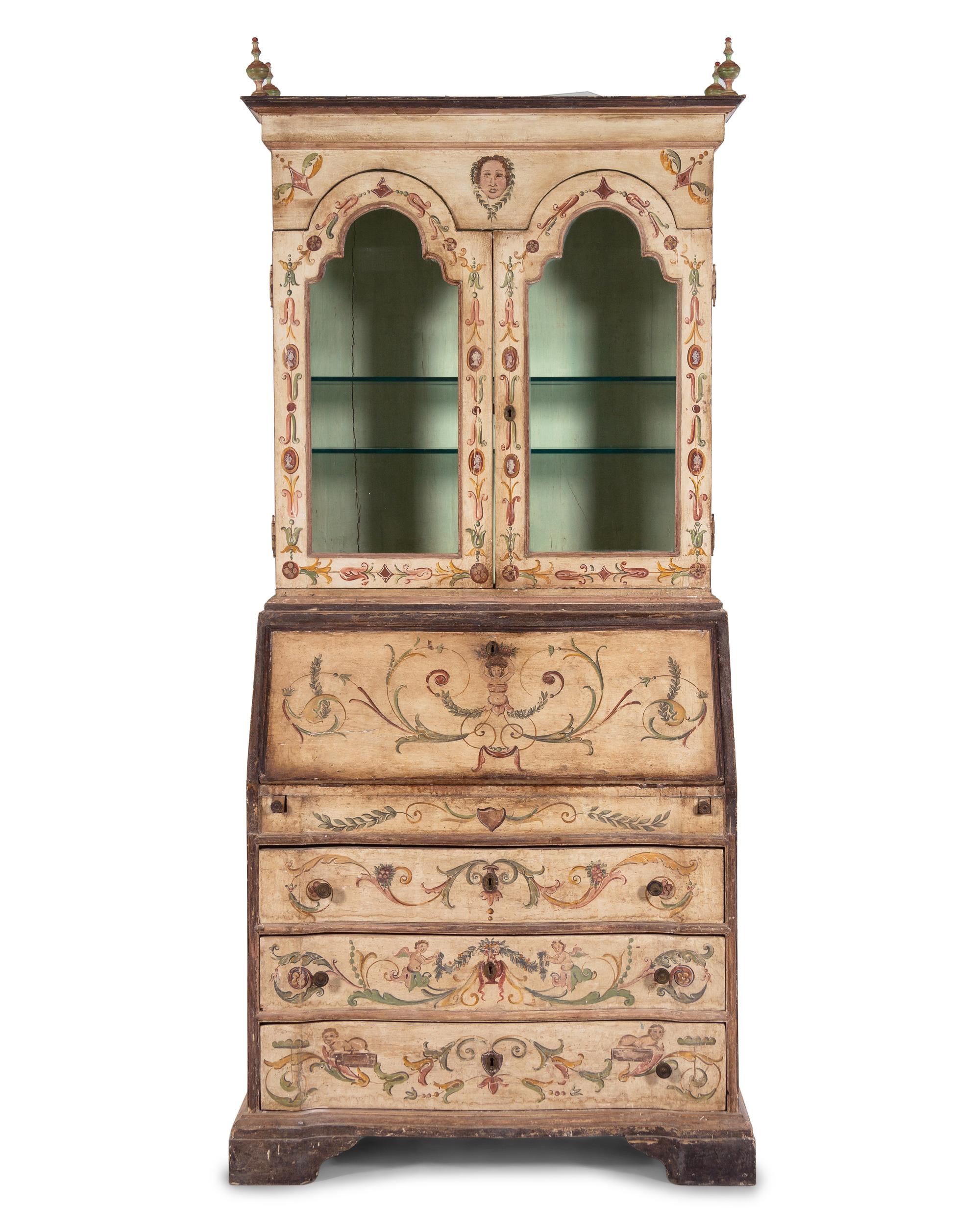 An Italian Painted Slant-Front Secretary Bookcase