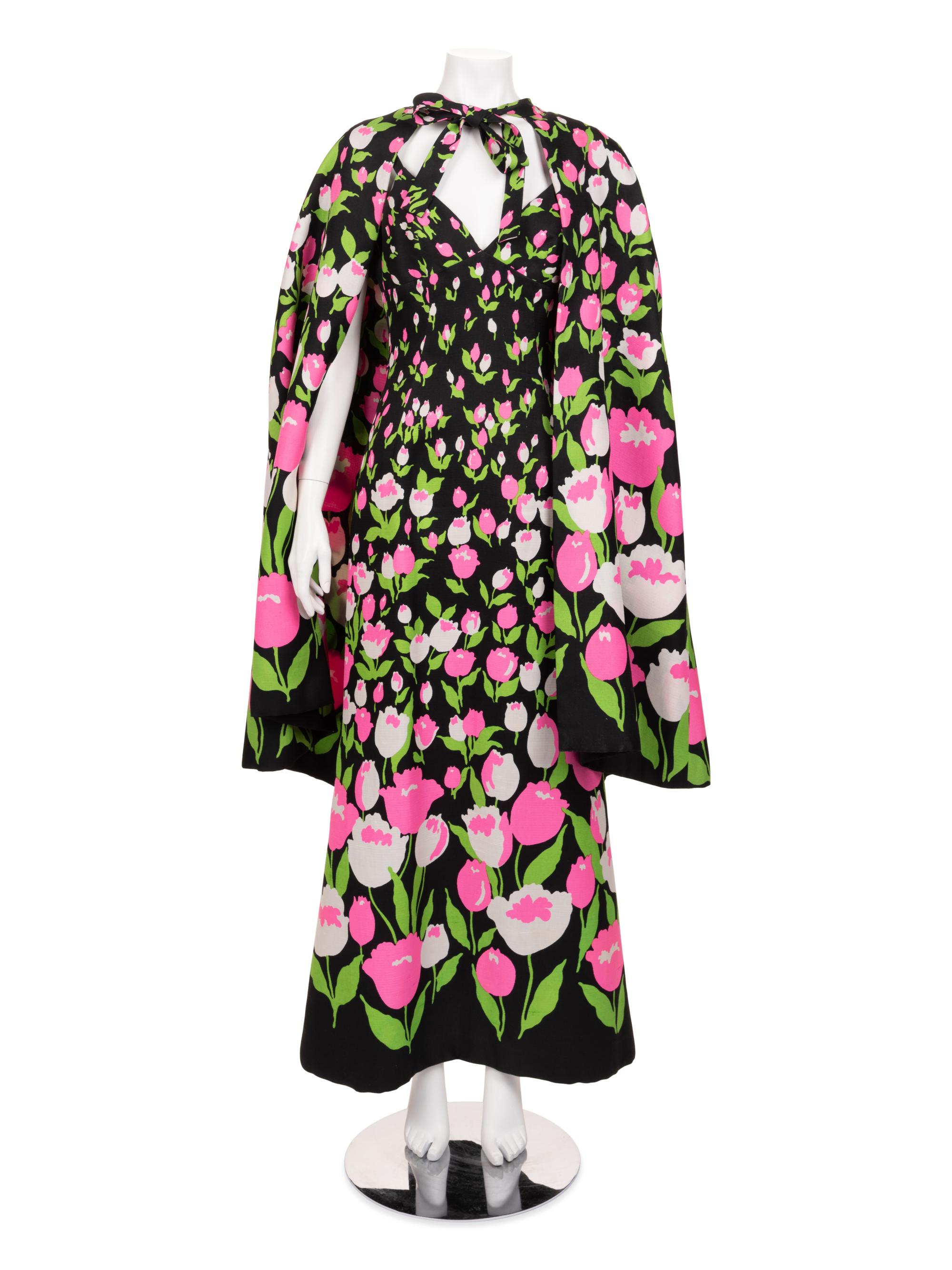 Givenchy Haute Couture Tulip-Print Dress and Cape, 1973