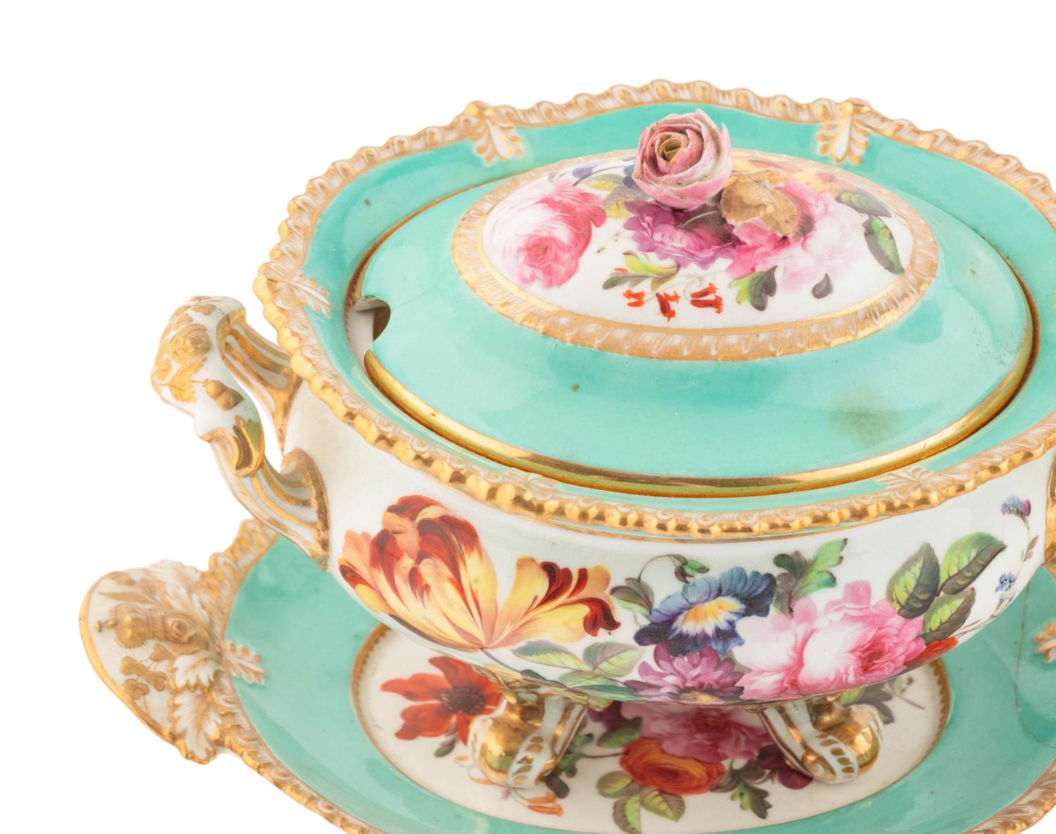 An English Porcelain Dessert Stand and Sauce Tureen