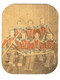 [EARLY PHOTOGRAPHY]. Early salted paper photo of seven firefighters.