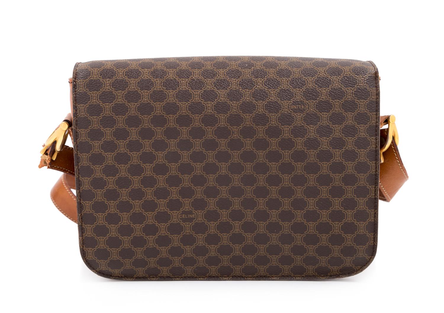 A Celine Brown Macadam Pattern Shoulder Bag, 7.5" H x 9.5" W x 2.5" D; Strap drop: 15.5"- 18.5".