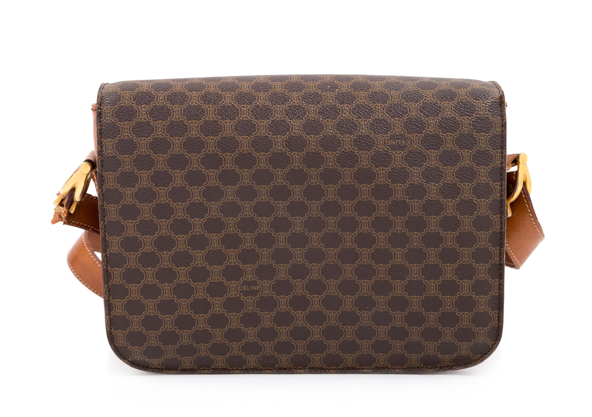 A Celine Brown Macadam Pattern Shoulder Bag, 7.5" H x 9.5" W x 2.5" D; Strap drop: 15.5"- 18.5".
